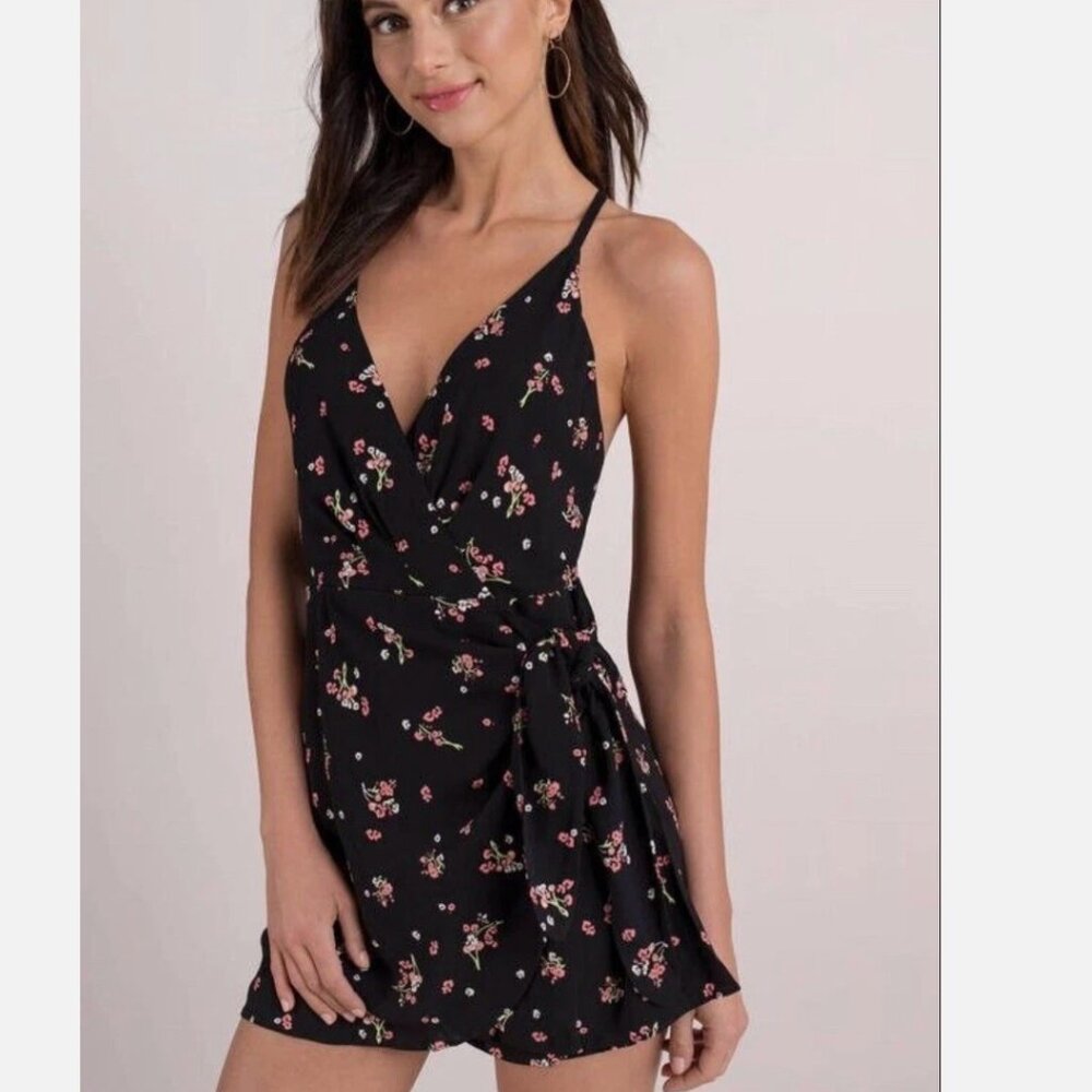 Free People Tango at Night Black Floral Romper Wrap Skirt Front, Size 2